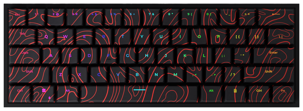 Red Black Damascus T60 Pro 60% gaming keyboard, top-down view