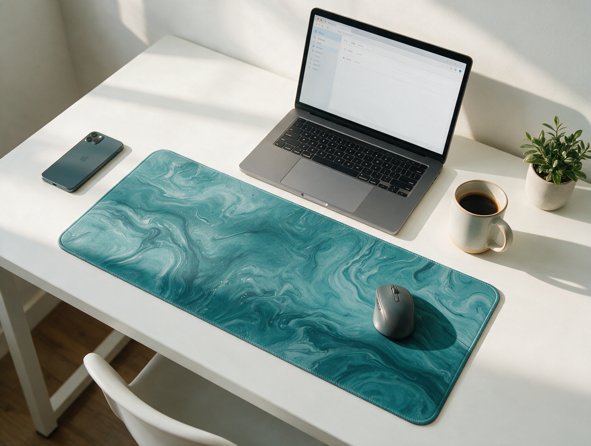 A teal marbled XXL mousepad on a bright desk next to a laptop, phone and coffee